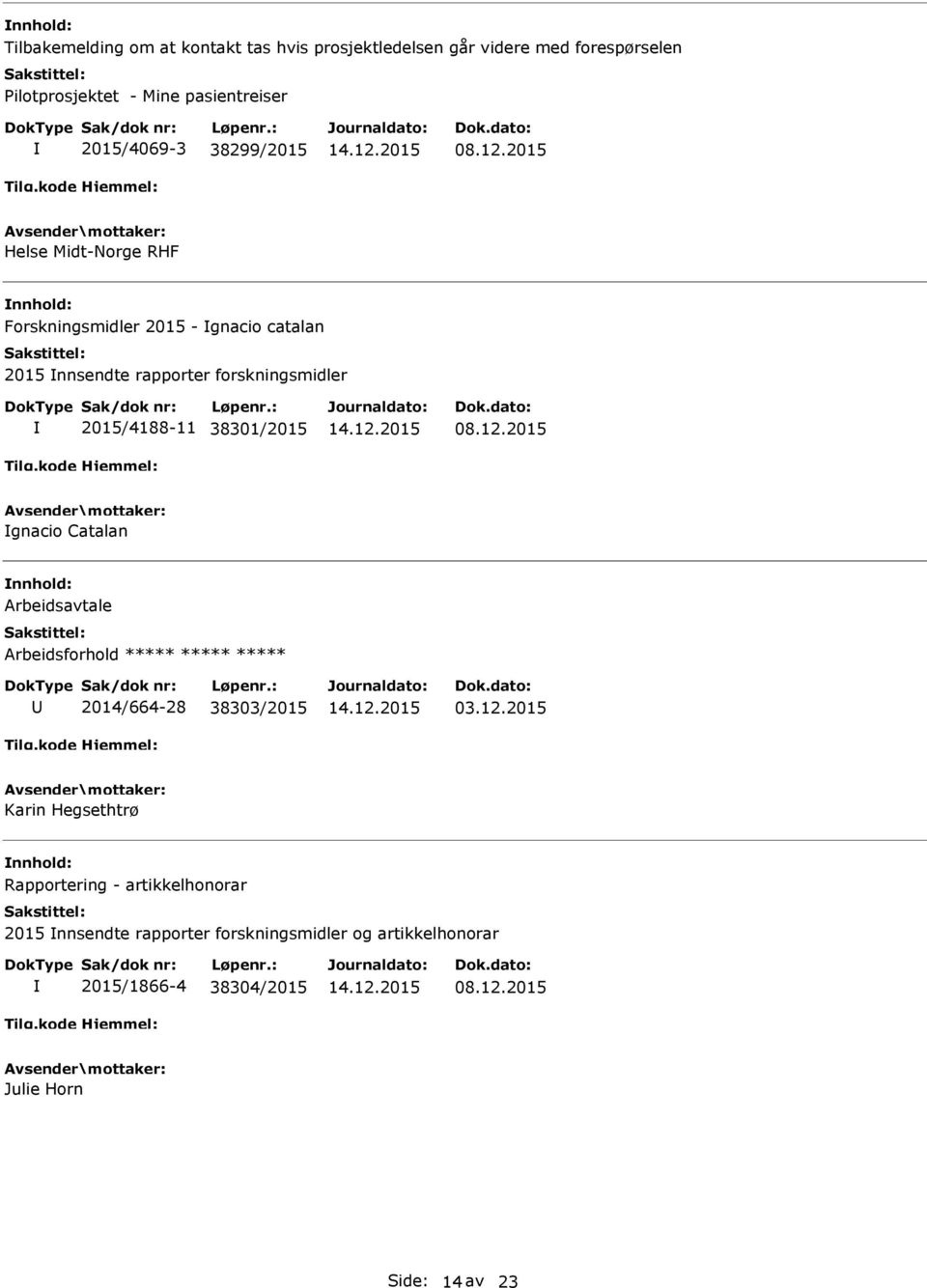 2015 Helse Midt-Norge RHF Forskningsmidler 2015 - gnacio catalan 2015 nnsendte rapporter forskningsmidler 2015/4188-11 38301/2015 08.12.