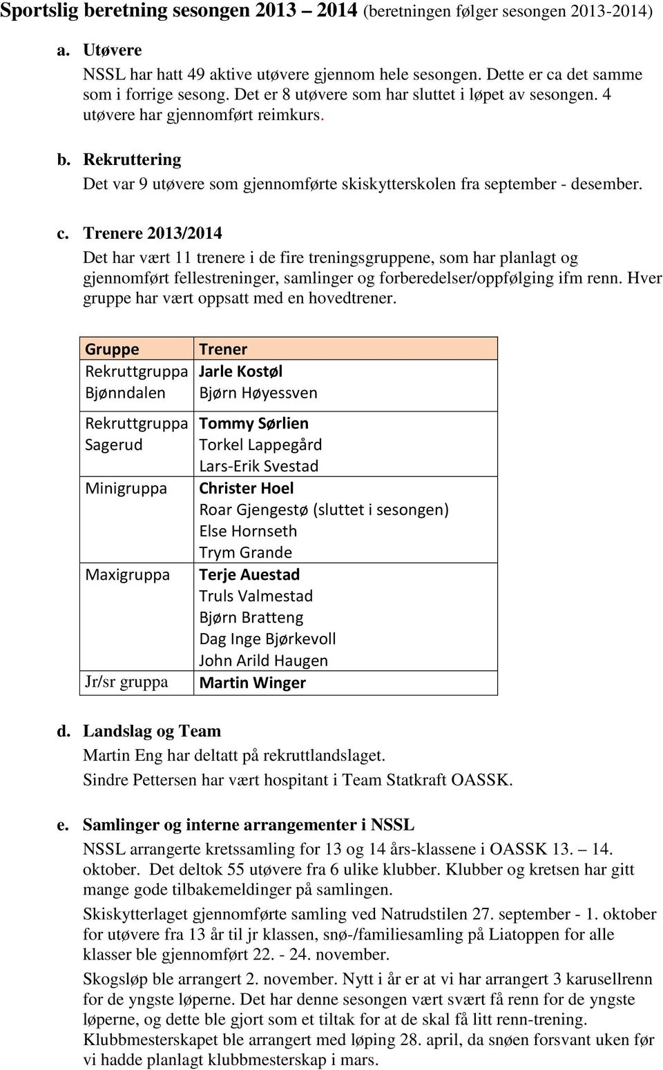 Trenere 2013/2014 Det har vært 11 trenere i de fire treningsgruppene, som har planlagt og gjennomført fellestreninger, samlinger og forberedelser/oppfølging ifm renn.