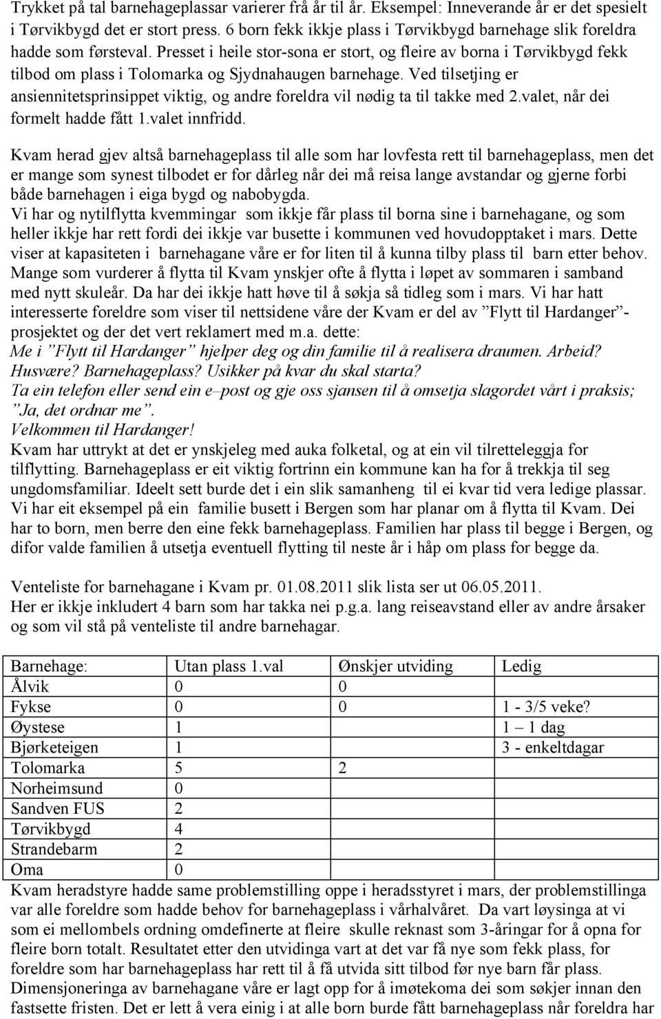 Presset i heile stor-sona er stort, og fleire av borna i Tørvikbygd fekk tilbod om plass i Tolomarka og Sjydnahaugen barnehage.