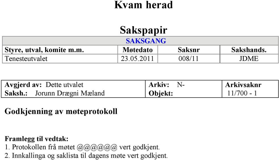 : Jorunn Drægni Mæland Godkjenning av møteprotokoll Arkiv: N- Objekt: Arkivsaknr 11/700-1