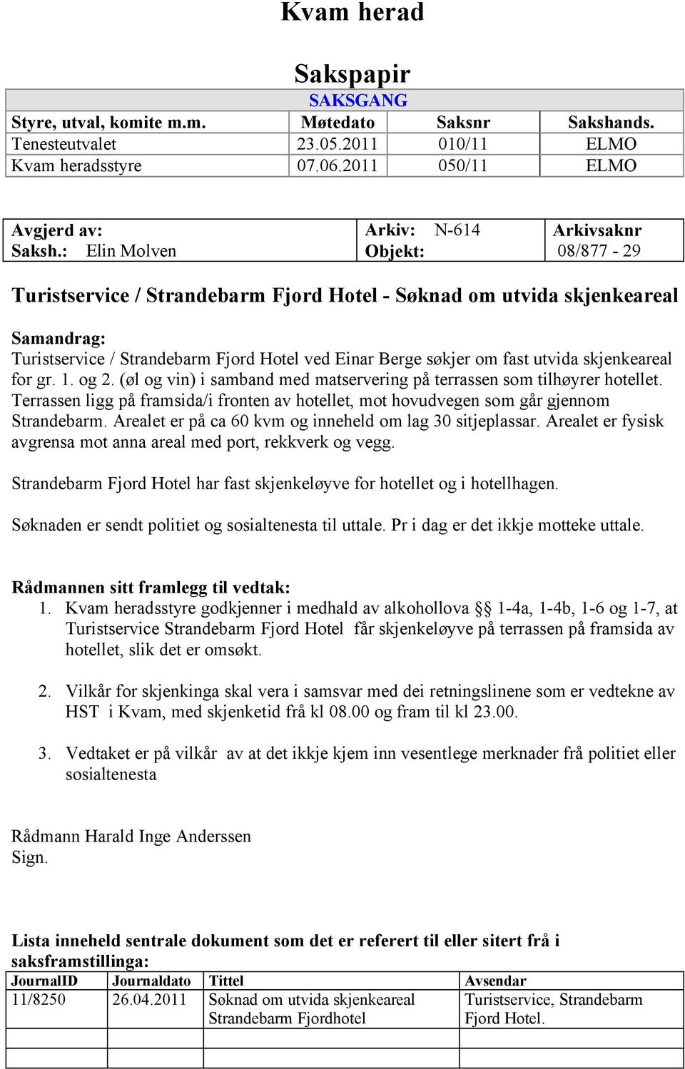 søkjer om fast utvida skjenkeareal for gr. 1. og 2. (øl og vin) i samband med matservering på terrassen som tilhøyrer hotellet.