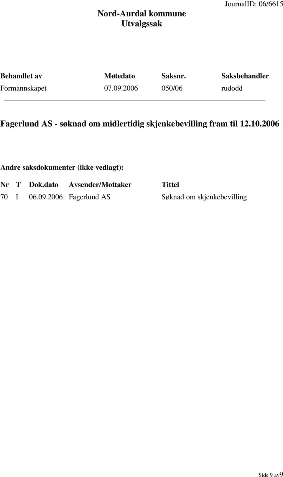 2006 050/06 rudodd Fagerlund AS - søknad om midlertidig skjenkebevilling fram til