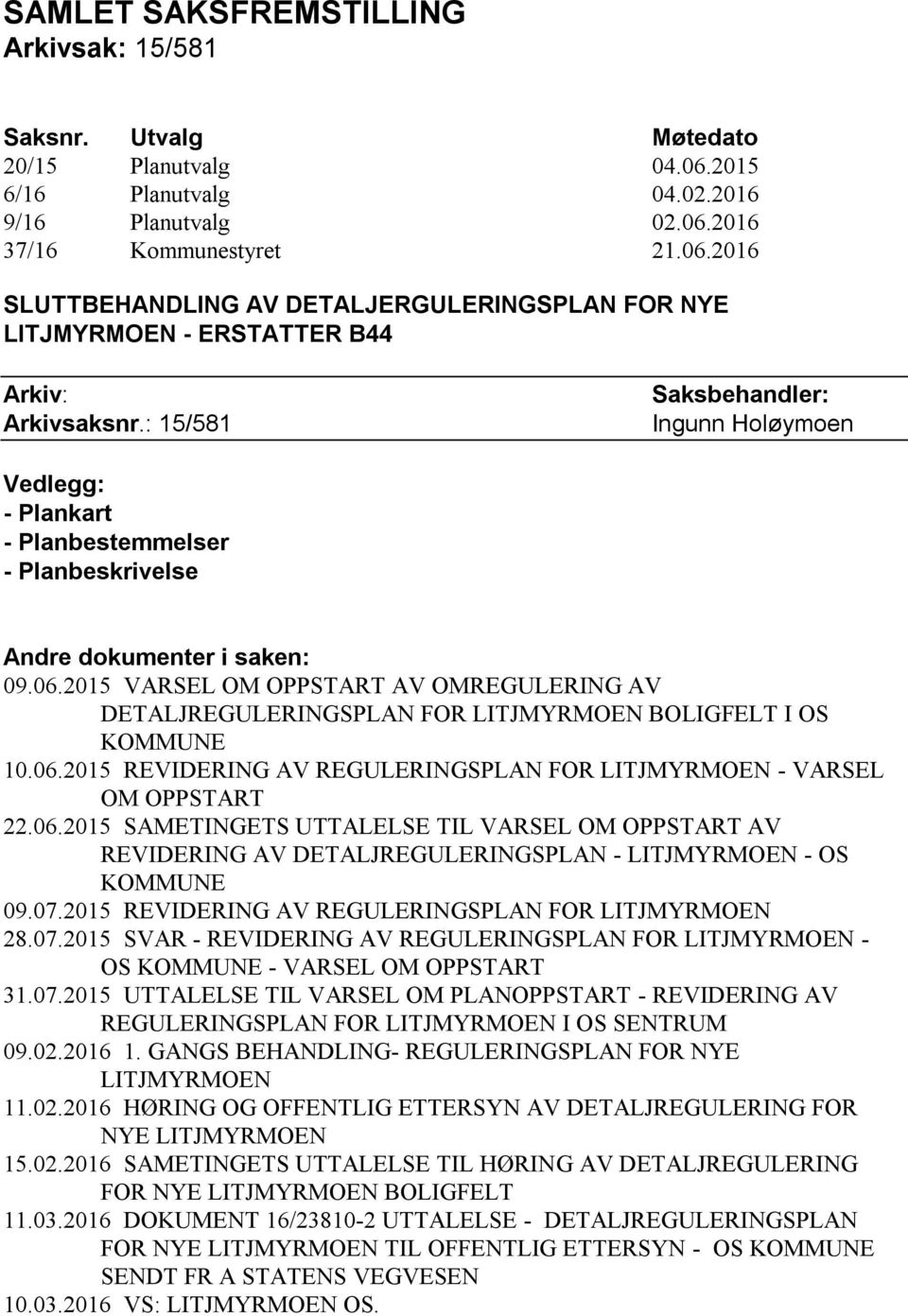 2015 VARSEL OM OPPSTART AV OMREGULERING AV DETALJREGULERINGSPLAN FOR LITJMYRMOEN BOLIGFELT I OS KOMMUNE 10.06.