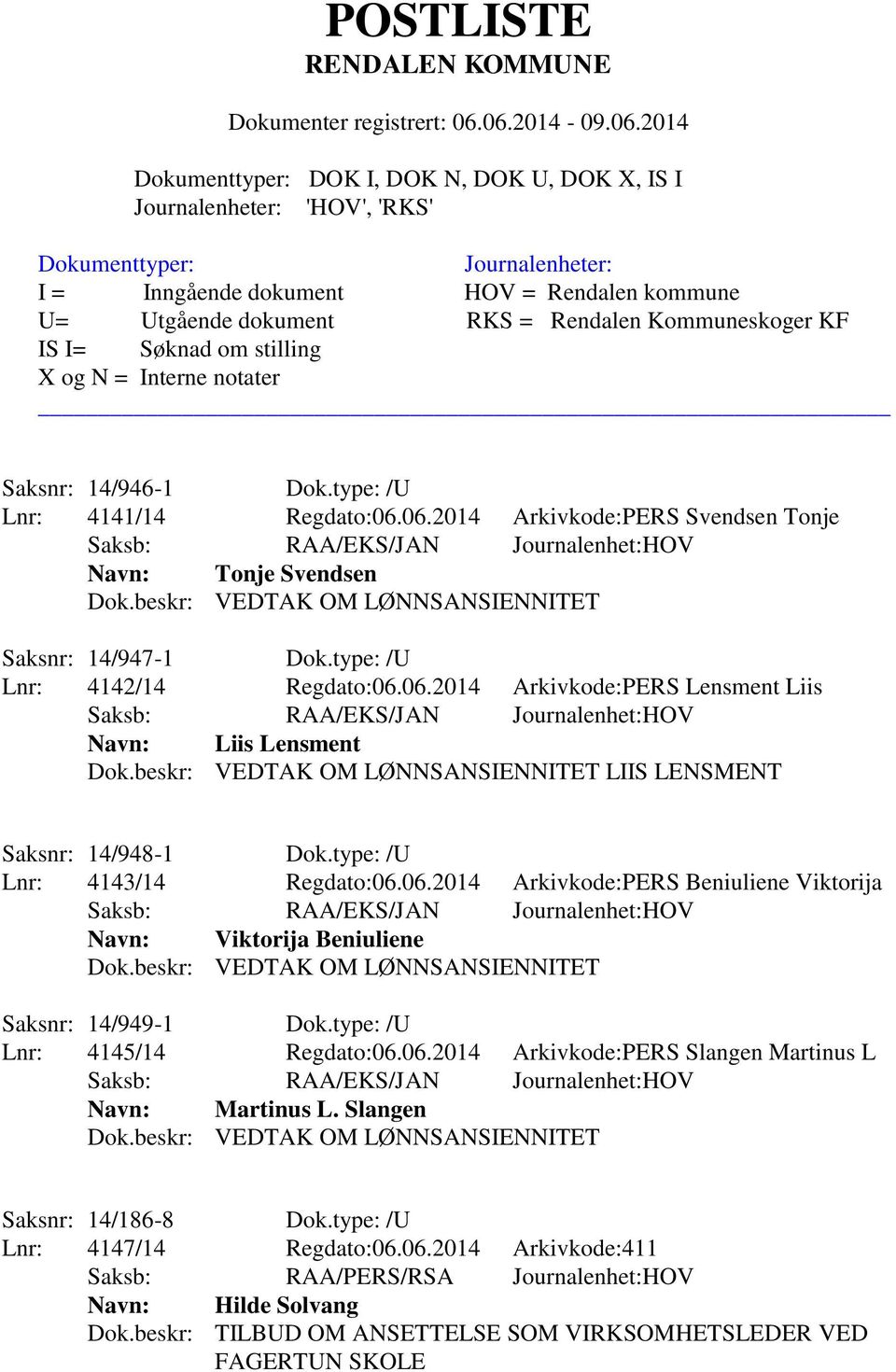 type: /U Lnr: 4145/14 Regdato:06.06.2014 Arkivkode:PERS Slangen Martinus L Navn: Martinus L. Slangen Saksnr: 14/186-8 Dok.type: /U Lnr: 4147/14 Regdato:06.06.2014 Arkivkode:411 Saksb: RAA/PERS/RSA Journalenhet:HOV Navn: Hilde Solvang Dok.