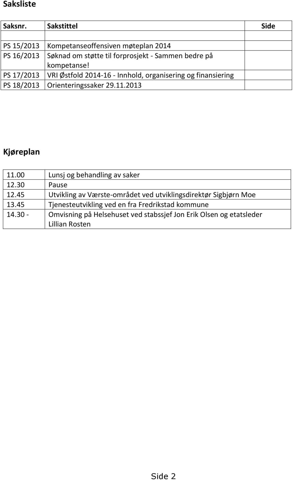 PS 17/2013 VRI Østfold 2014-16 - Innhold, organisering og finansiering PS 18/2013 Orienteringssaker 29.11.2013 Kjøreplan 11.