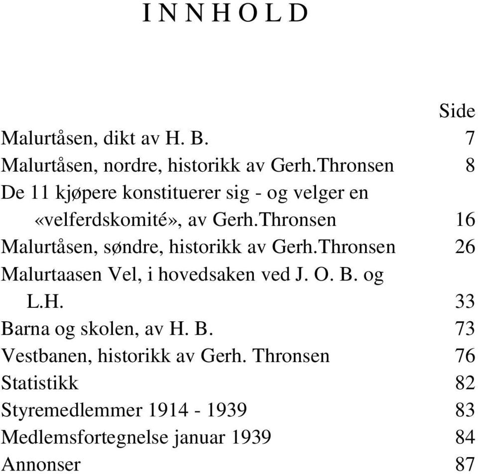 Thronsen 16 Malurtåsen, søndre, historikk av Gerh.Thronsen 26 Malurtaasen Vel, i hovedsaken ved J. O. B. og L.
