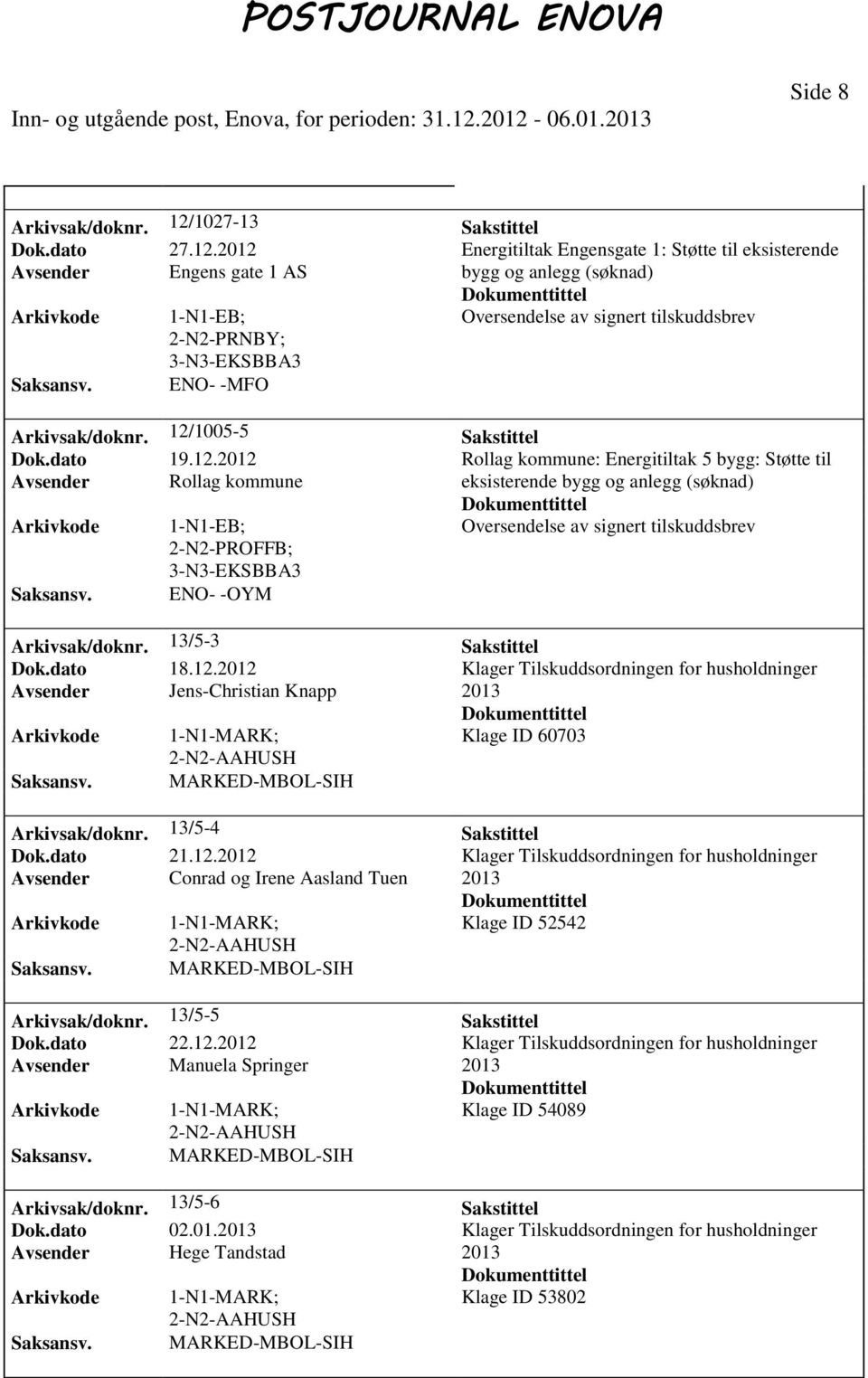 13/5-3 Sakstittel Dok.dato 18.12.2012 Klager Tilskuddsordningen for husholdninger Avsender Jens-Christian Knapp 2013 1-N1-MARK; Klage ID 60703 MARKED-MBOL-SIH Arkivsak/doknr. 13/5-4 Sakstittel Dok.