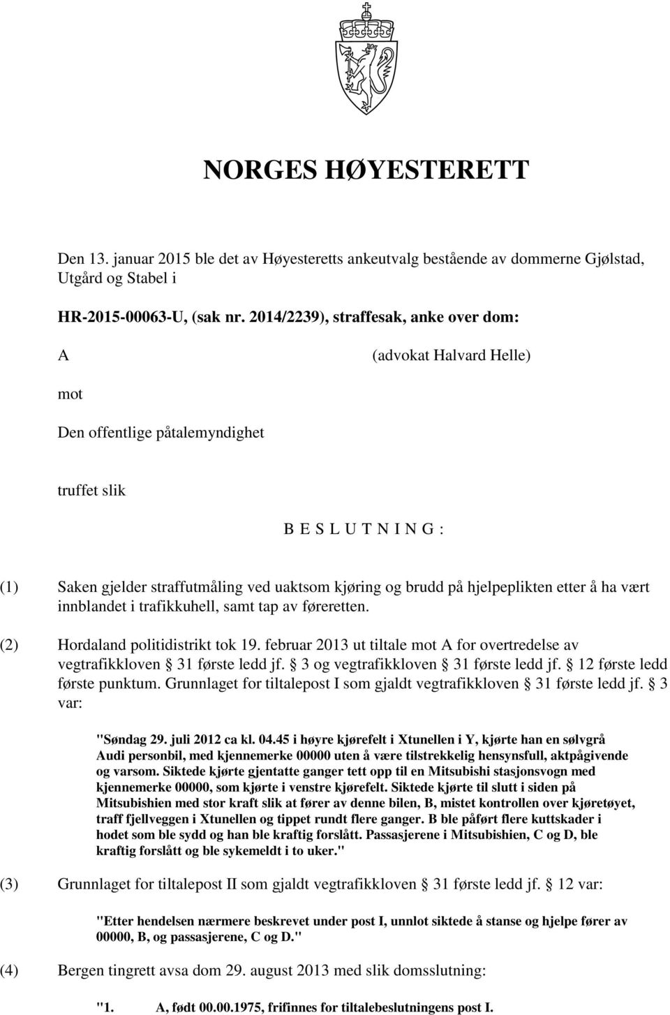 hjelpeplikten etter å ha vært innblandet i trafikkuhell, samt tap av føreretten. (2) Hordaland politidistrikt tok 19.