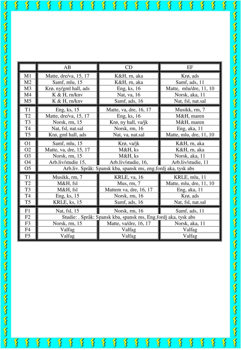 sal T1 Eng, ks, 15 Matte, va, dre, 16, 17 Musikk, rm, 7 T2 Matte, dre/va, 15, 17 Eng, ks, 16 M&H, maren T3 Norsk, rm, 15 Krø, ny hall, va/jk M&H, maren T4 Nat, fsl, nat.