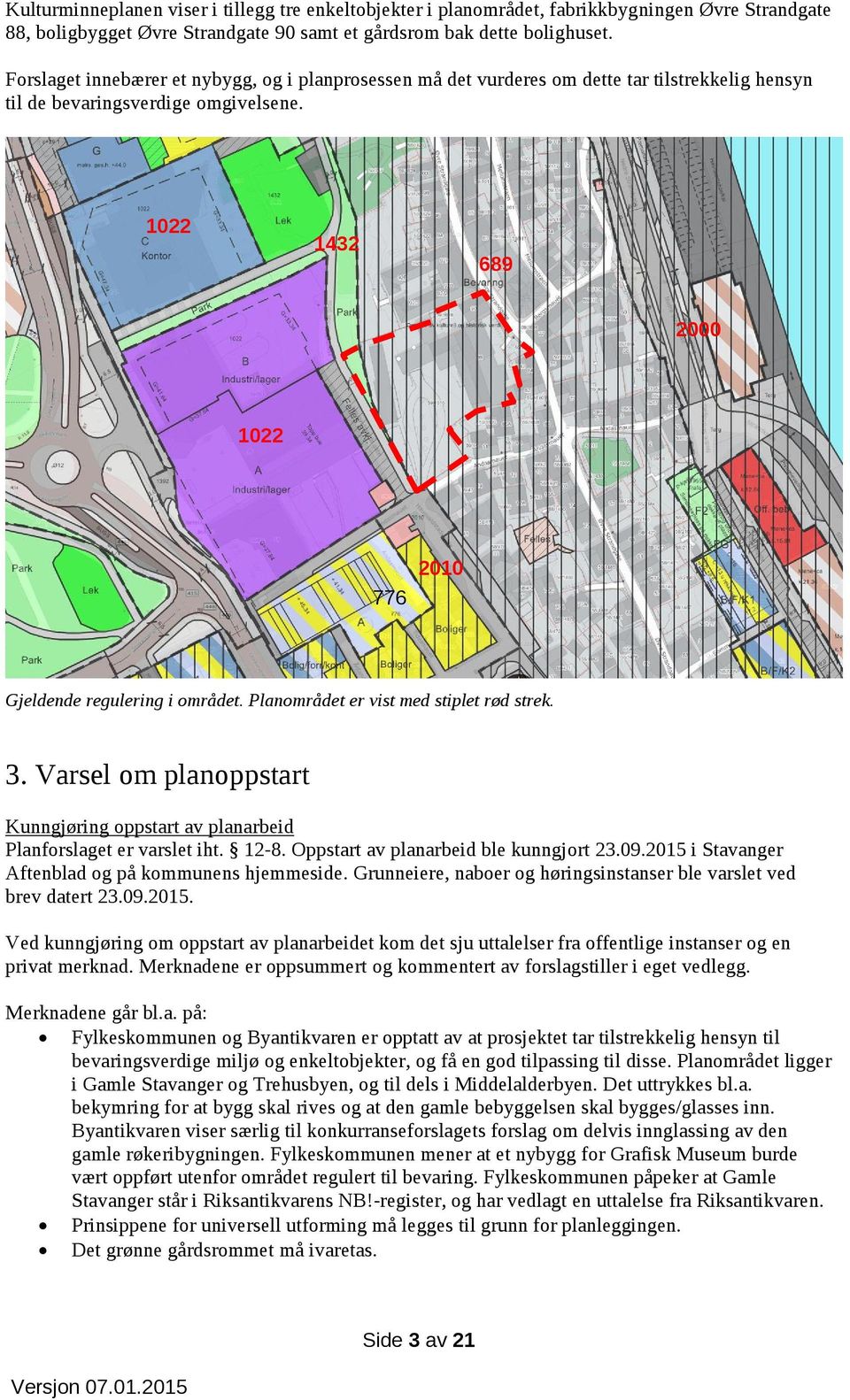 1022 1432 689 2000 1022 776 2010 Gjeldende regulering i området. Planområdet er vist med stiplet rød strek. 3. Varsel om planoppstart Kunngjøring oppstart av planarbeid Planforslaget er varslet iht.