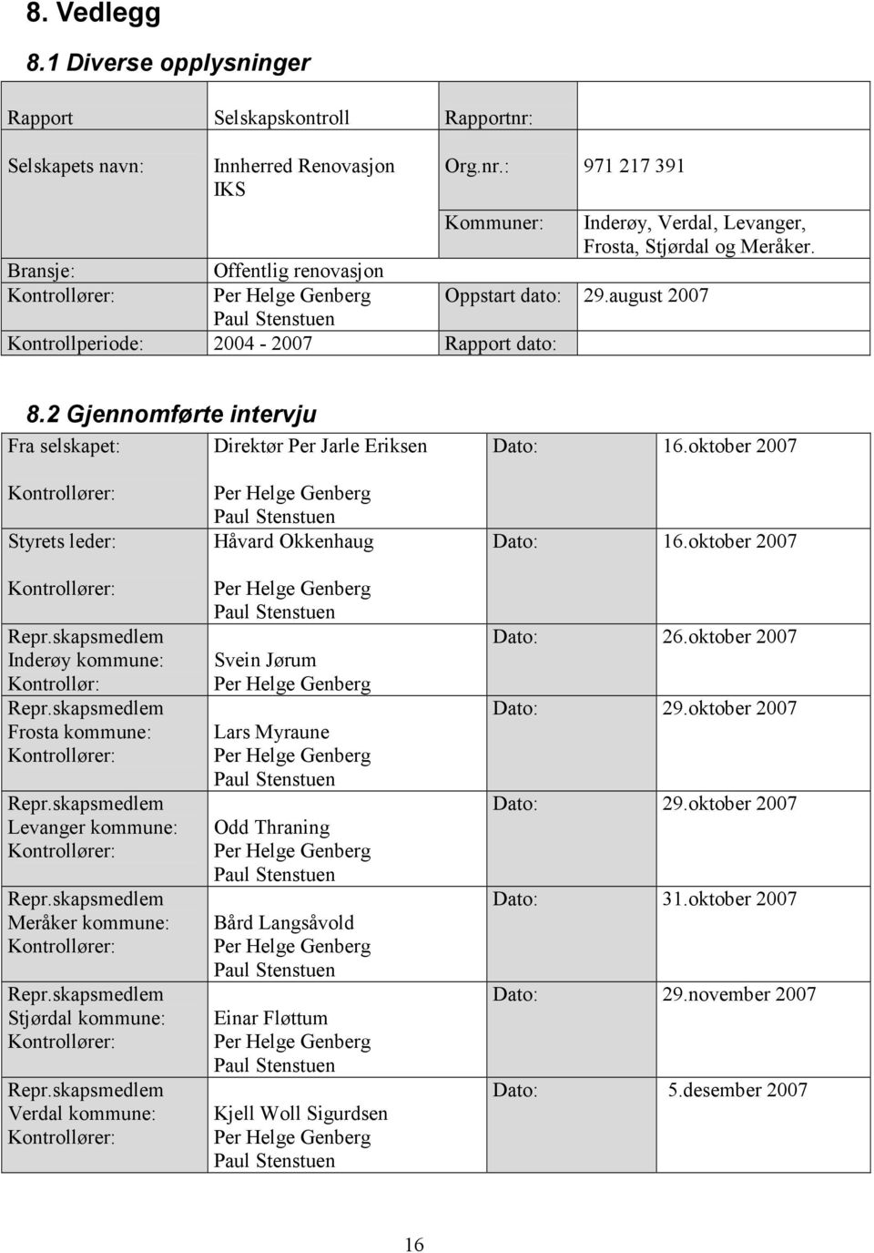 2 Gjennomførte intervju Fra selskapet: Direktør Per Jarle Eriksen Dato: 16.oktober 2007 Kontrollører: Styrets leder: Kontrollører: Repr.skapsmedlem Inderøy kommune: Kontrollør: Repr.