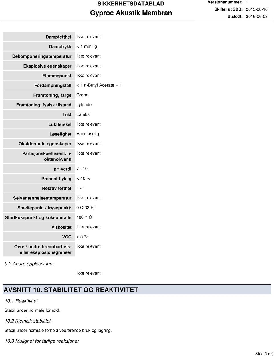 Relativ tetthet 1 1 Selvantennelsestemperatur Smeltepunkt / frysepunkt: 0 C(32 F) Startkokepunkt og kokeområde Viskositet 100 C VOC < 5 % Øvre / nedre brennbarhetseller eksplosjonsgrenser 9.