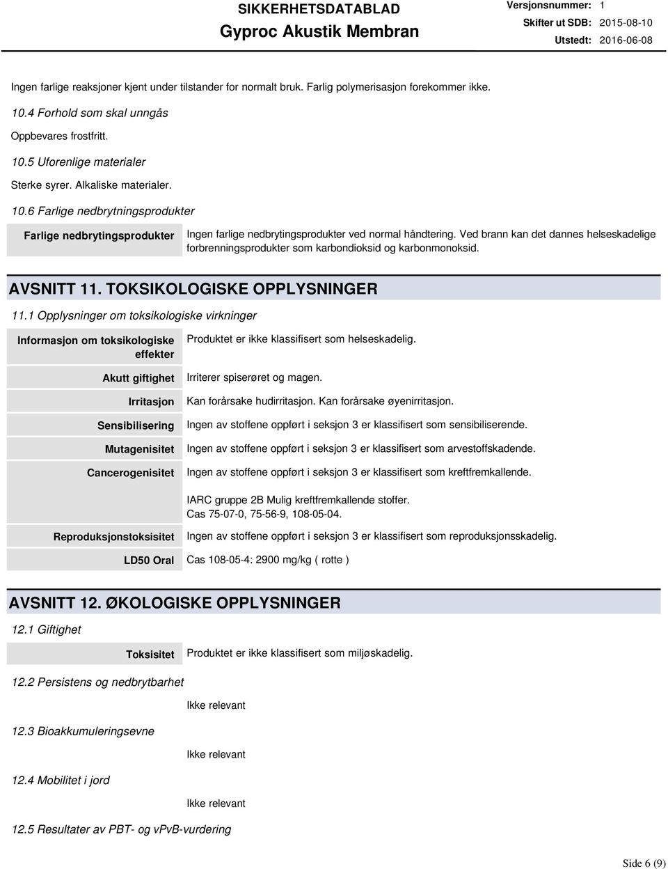 Ved brann kan det dannes helseskadelige forbrenningsprodukter som karbondioksid og karbonmonoksid. AVSNITT 11. TOKSIKOLOGISKE OPPLYSNINGER 11.