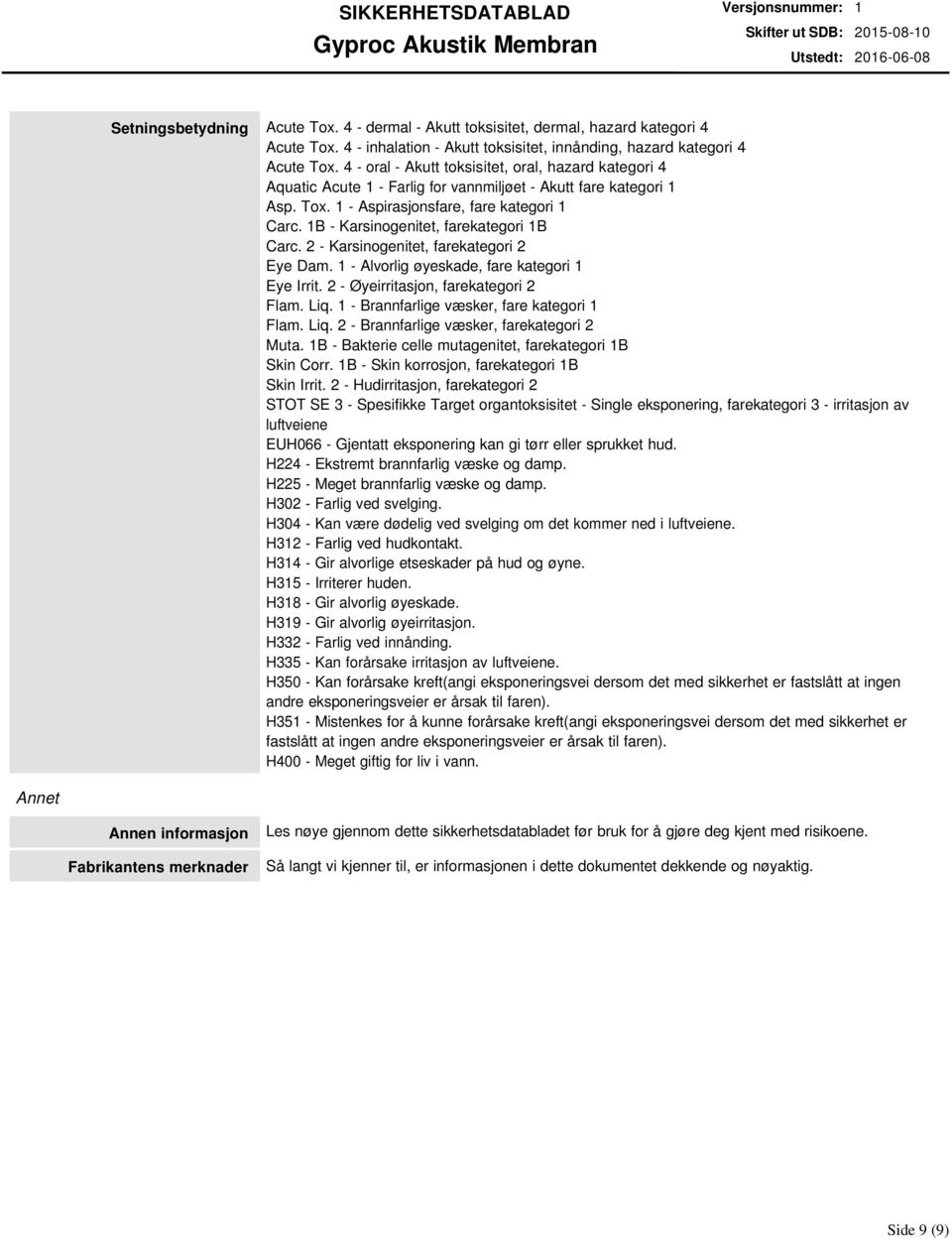 1B Karsinogenitet, farekategori 1B Carc. 2 Karsinogenitet, farekategori 2 Eye Dam. 1 Alvorlig øyeskade, fare kategori 1 Eye Irrit. 2 Øyeirritasjon, farekategori 2 Flam. Liq.