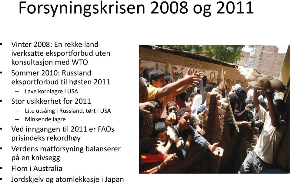 2011 Lite utsåing i Russland, tørt i USA Minkende lagre Ved inngangen til 2011 er FAOs prisindeks