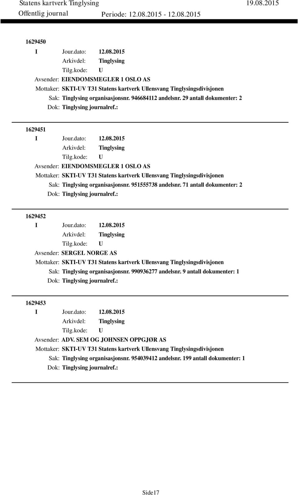 71 antall dokumenter: 2 Dok: journalref.: 1629452 Avsender: SERGEL NORGE AS Mottaker: SKTI-V T31 Statens kartverk llensvang sdivisjonen Sak: organisasjonsnr. 990936277 andelsnr.