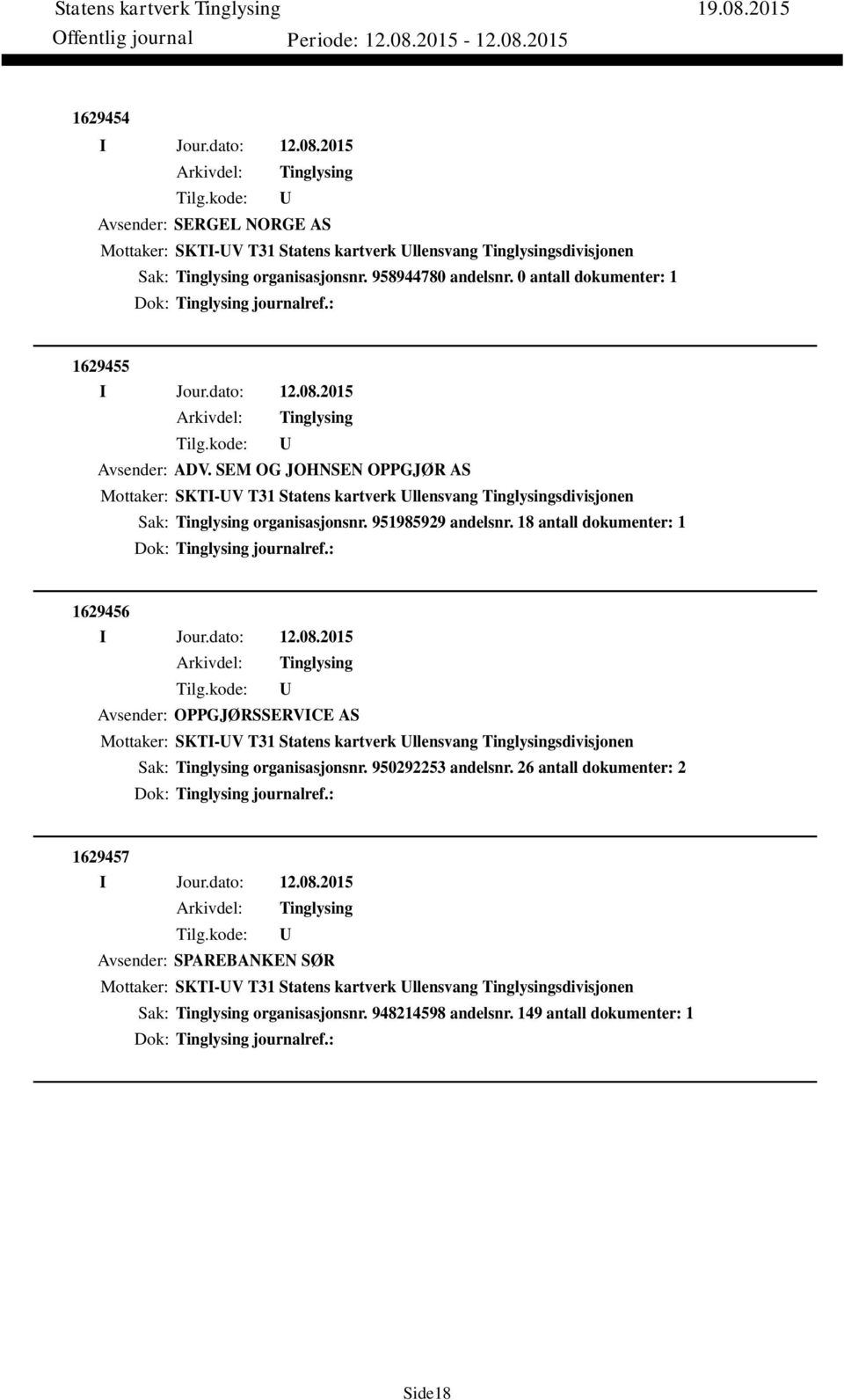 18 antall dokumenter: 1 Dok: journalref.: 1629456 Avsender: OPPGJØRSSERVICE AS Mottaker: SKTI-V T31 Statens kartverk llensvang sdivisjonen Sak: organisasjonsnr. 950292253 andelsnr.