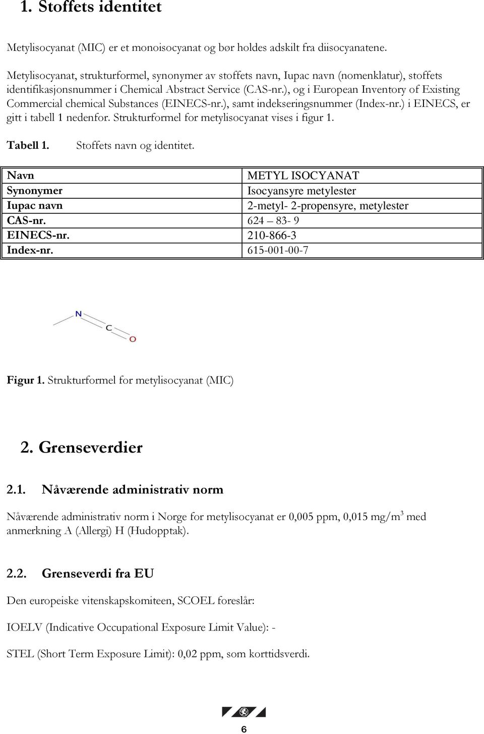 ), og i European Inventory of Existing Commercial chemical Substances (EINECS-nr.), samt indekseringsnummer (Index-nr.) i EINECS, er gitt i tabell 1 nedenfor.