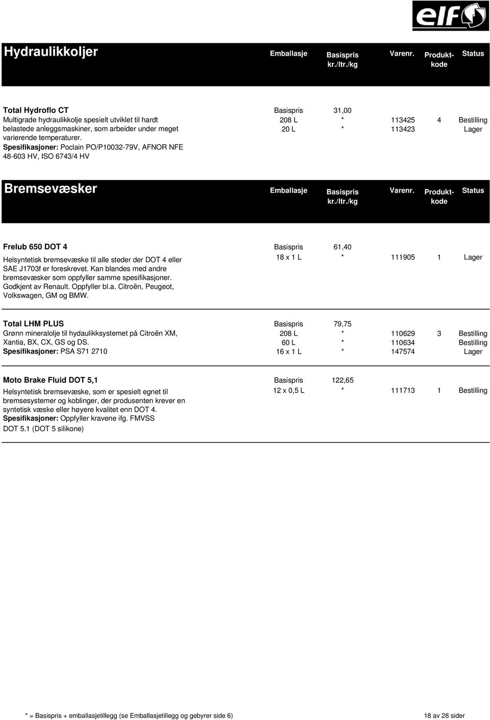 Spesifikasjoner: Poclain PO/P10032-79V, AFNOR NFE 48-603 HV, ISO 6743/4 HV 208 L * 113425 4 Bestilling 20 L * 113423 Lager Bremsevæsker Emballasje Basispris Varenr.