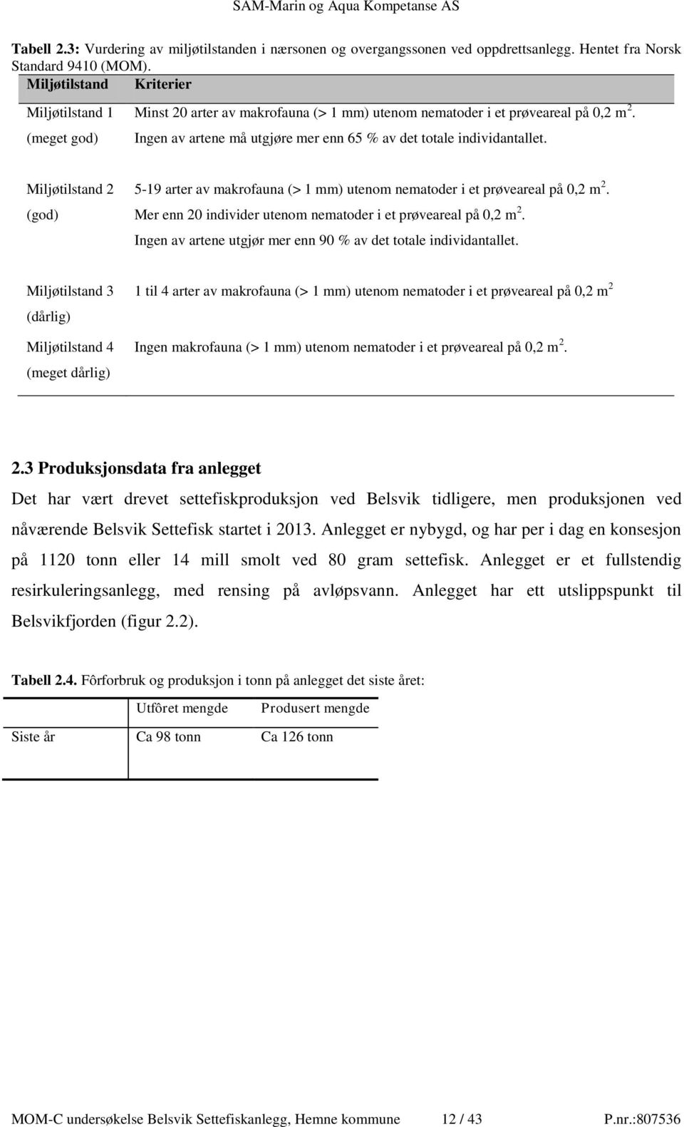 Ingen av artene må utgjøre mer enn 65 % av det totale individantallet. Miljøtilstand 2 (god) 5-19 arter av makrofauna (> 1 mm) utenom nematoder i et prøveareal på 0,2 m 2.