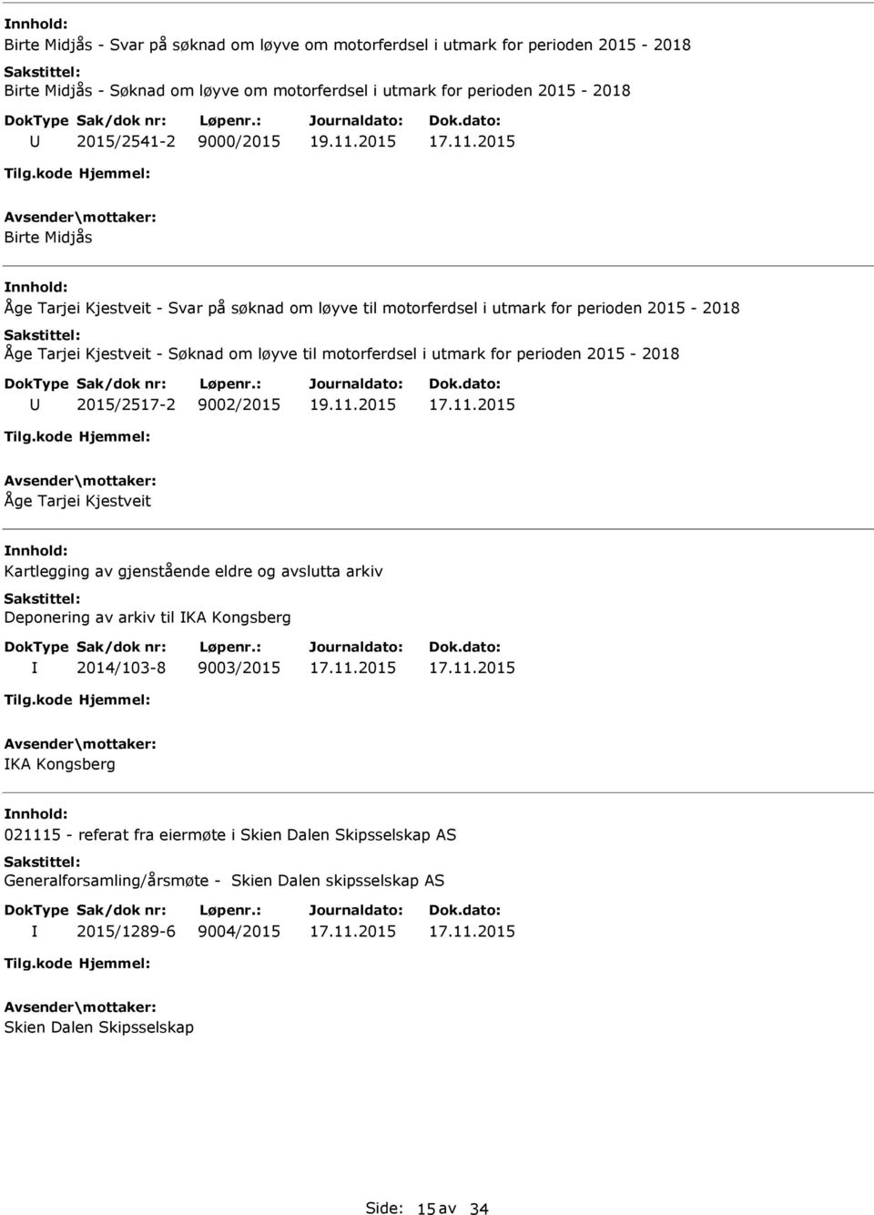 utmark for perioden 2015-2018 2015/2517-2 9002/2015 Åge Tarjei Kjestveit Kartlegging av gjenstående eldre og avslutta arkiv Deponering av arkiv til KA Kongsberg 2014/103-8 9003/2015