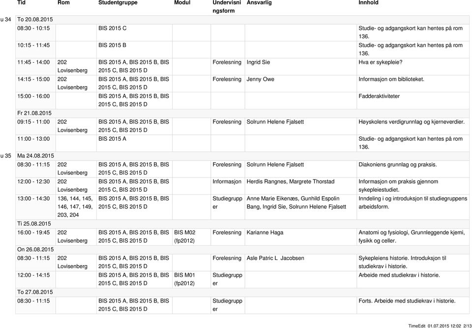 2015 09:15-11:00 202 Forelesning Solrunn Helene Fjalsett Høyskolens verdigrunnlag og kjerneverdier. 11:00-13:00 BIS 2015 A Studie- og adgangskort kan hentes på rom 136. u 35 Ma 24.08.