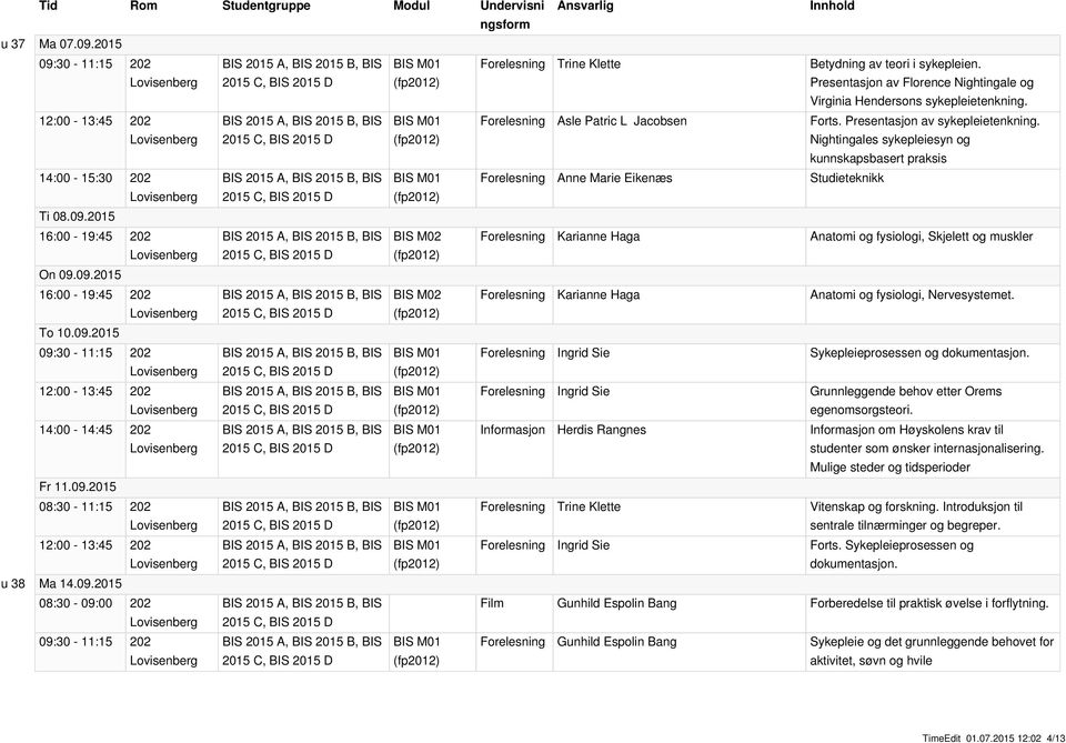 2015 BIS M02 Forelesning Karianne Haga Anatomi og fysiologi, Skjelett og muskler On 09.09.2015 BIS M02 Forelesning Karianne Haga Anatomi og fysiologi, Nervesystemet. To 10.09.2015 09:30-11:15 202 Forelesning Ingrid Sie Sykepleieprosessen og dokumentasjon.