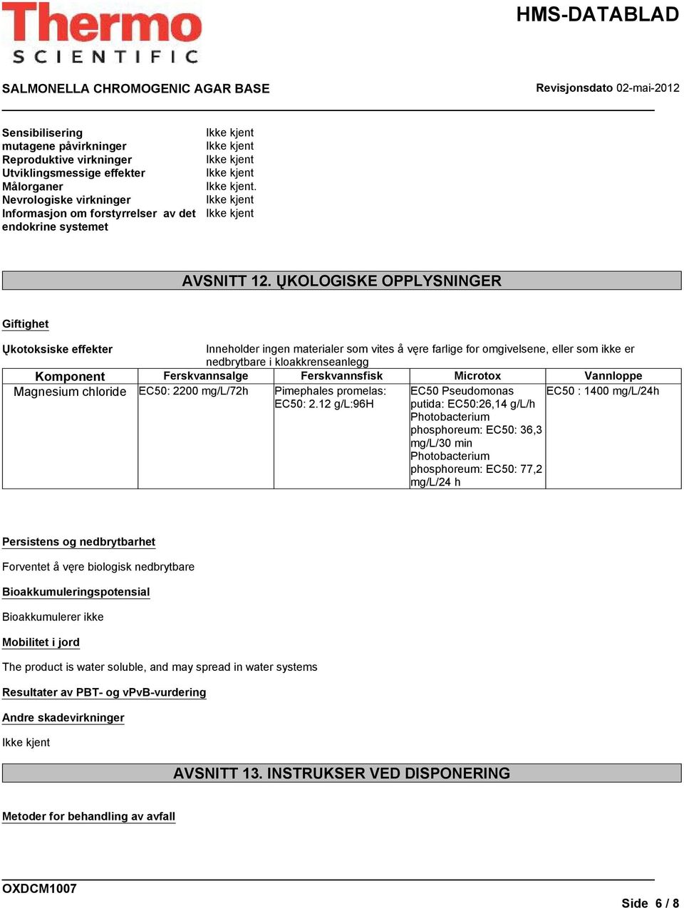 Microtox Vannloppe Ųkotoksiske effekter Magnesium chloride EC50: 2200 mg/l/72h Pimephales promelas: EC50: 2.