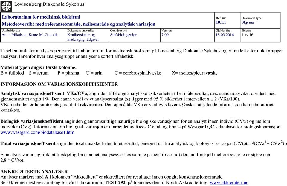 2016 Sidenr: 1 av 16 Tabellen omfatter analyserepertoaret til Laboratorium for medisinsk biokjemi på Lovisenberg Diakonale Sykehus og er inndelt etter ulike grupper analyser.