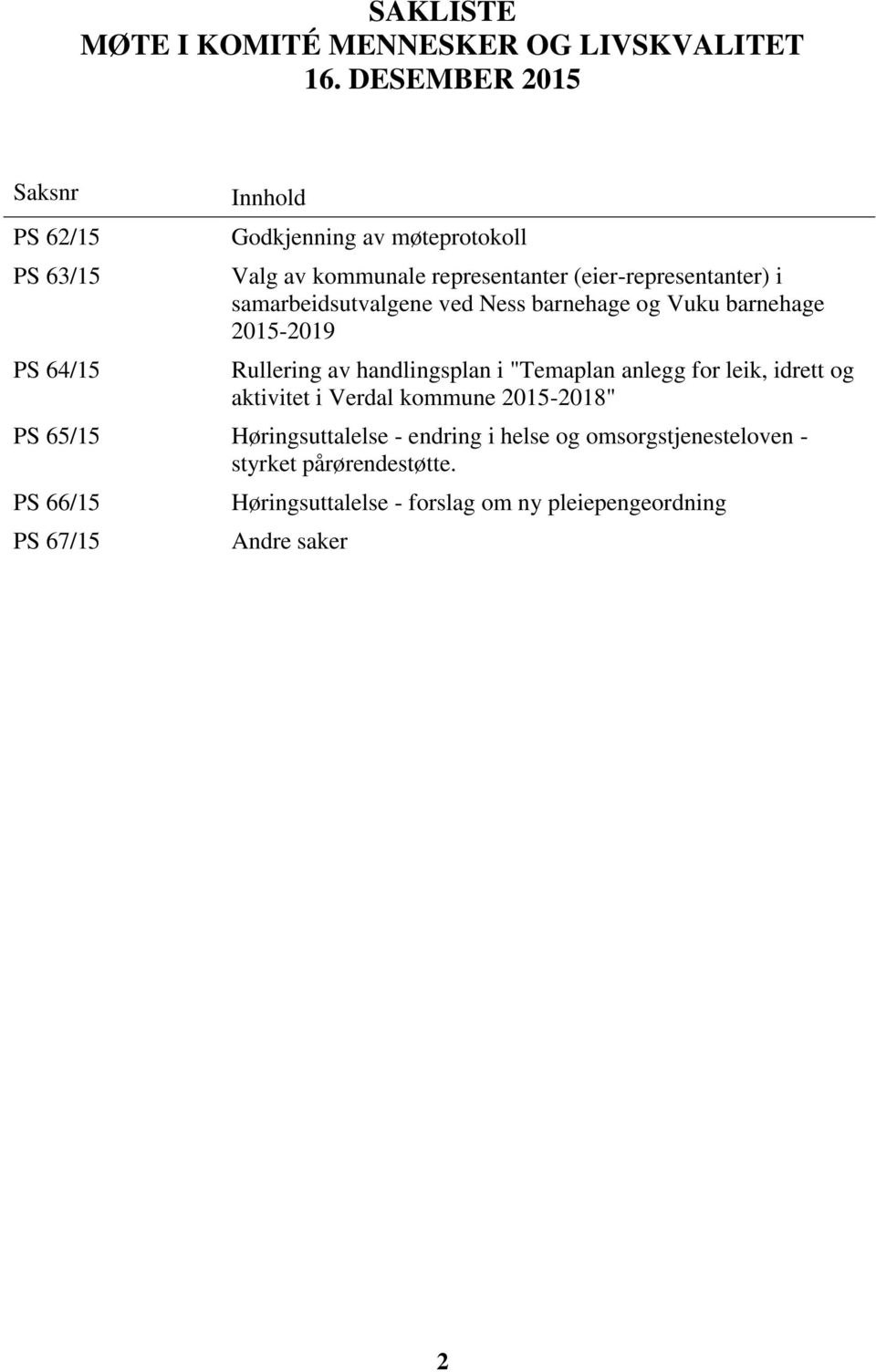 (eier-representanter) i samarbeidsutvalgene ved Ness barnehage og Vuku barnehage 2015-2019 Rullering av handlingsplan i "Temaplan