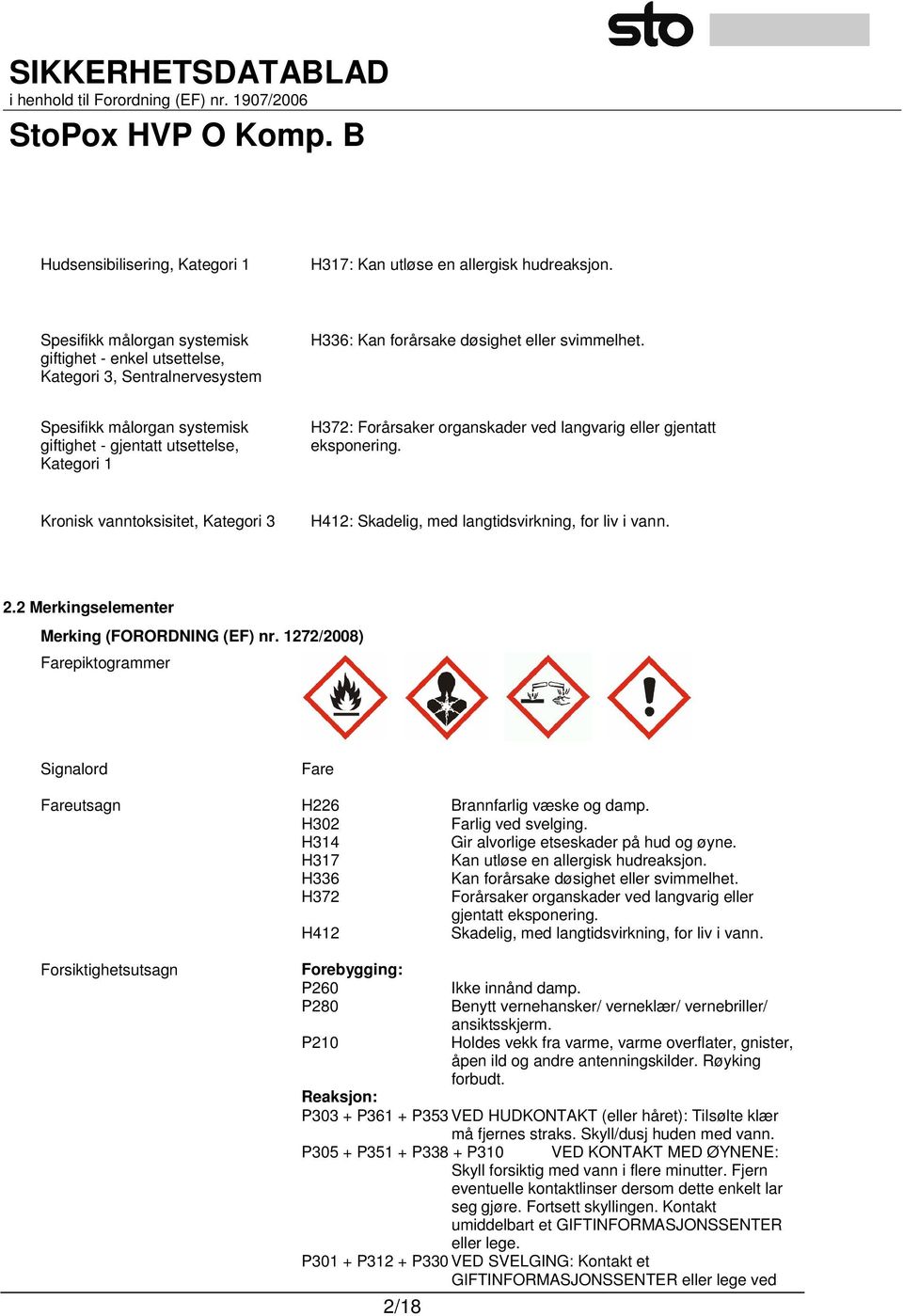 Spesifikk målorgan systemisk giftighet - gjentatt utsettelse, Kategori 1 H372: Forårsaker organskader ved langvarig eller gjentatt eksponering.