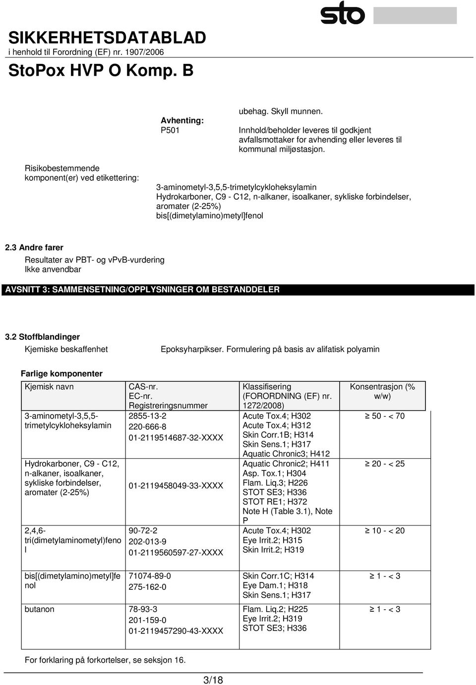 bis[(dimetylamino)metyl]fenol 2.3 Andre farer Resultater av PBT- og vpvb-vurdering Ikke anvendbar AVSNITT 3: SAMMENSETNING/OPPLYSNINGER OM BESTANDDELER 3.