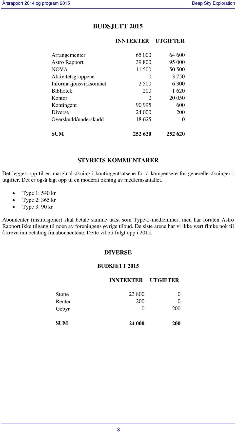 generelle økninger i utgifter. Det er også lagt opp til en moderat økning av medlemsantallet.