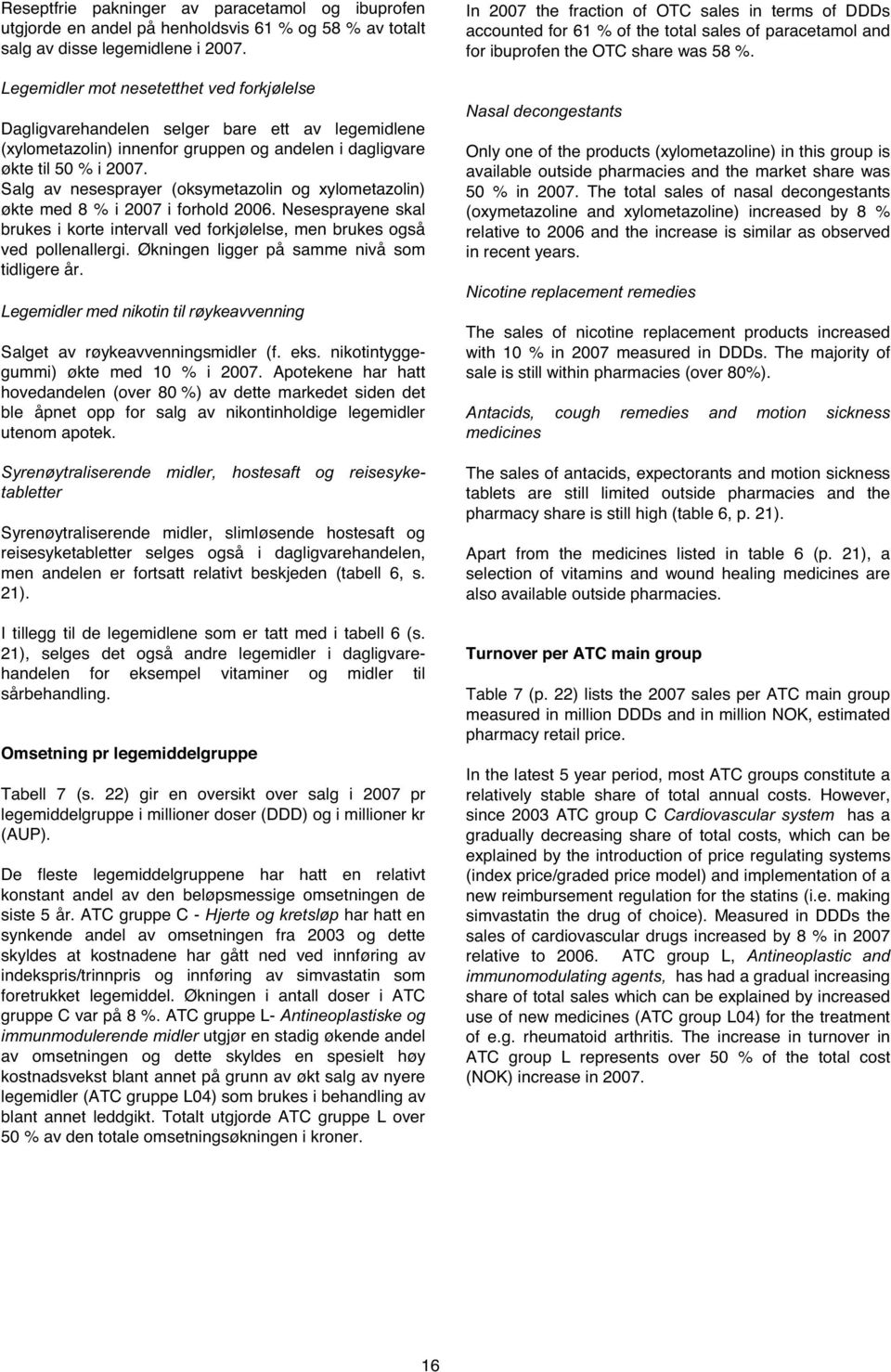 Salg av nesesprayer (oksymetazolin og xylometazolin) økte med 8 % i 2007 i forhold 2006. Nesesprayene skal brukes i korte intervall ved forkjølelse, men brukes også ved pollenallergi.