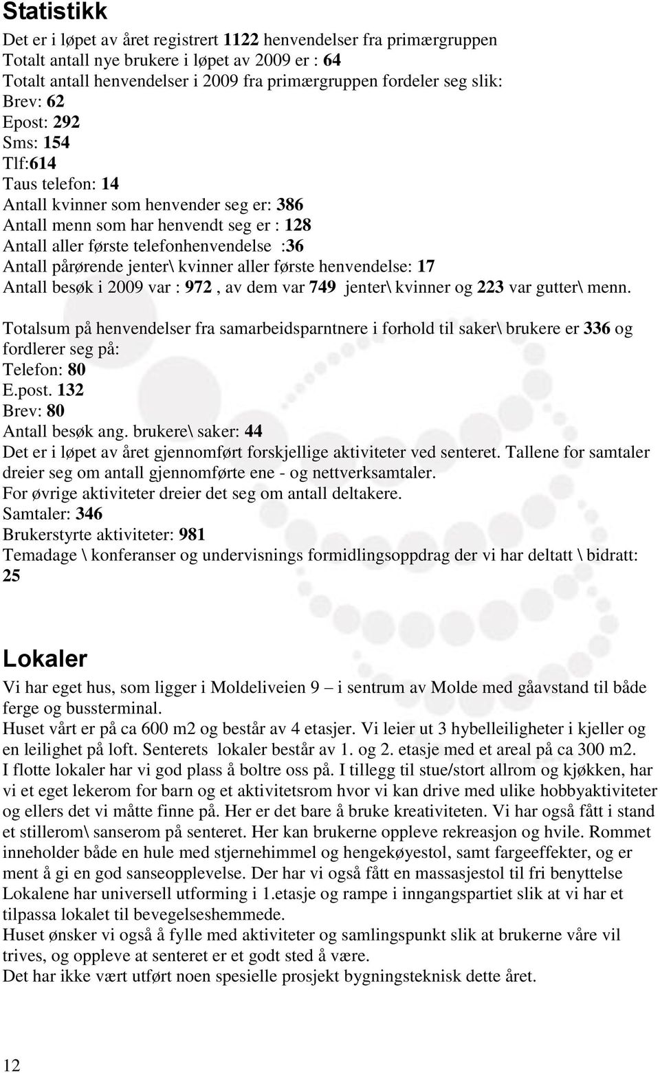 pårørende jenter\ kvinner aller første henvendelse: 17 Antall besøk i 2009 var : 972, av dem var 749 jenter\ kvinner og 223 var gutter\ menn.