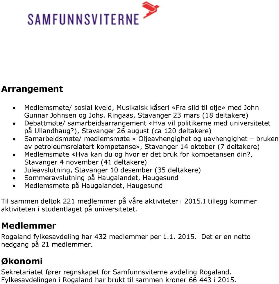 ), Stavanger 26 august (ca 120 deltakere) Samarbeidsmøte/ medlemsmøte «Oljeavhengighet og uavhengighet bruken av petroleumsrelatert kompetanse», Stavanger 14 oktober (7 deltakere) Medlemsmøte «Hva