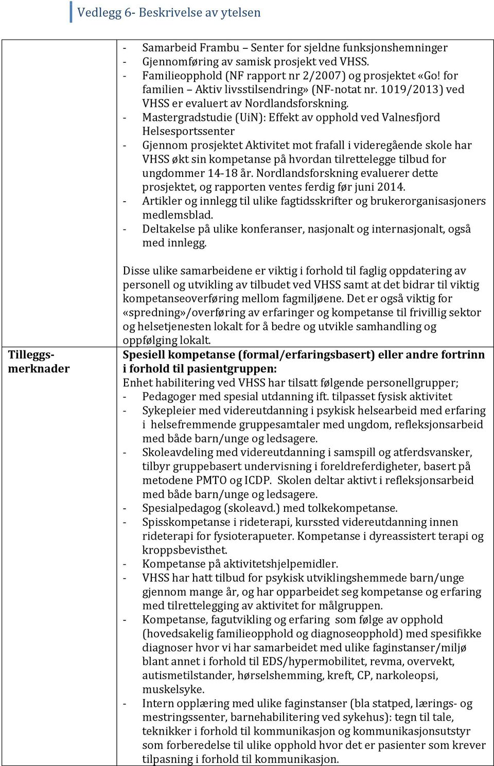 - Mastergradstudie (UiN): Effekt av opphold ved Valnesfjord Helsesportssenter - Gjennom prosjektet Aktivitet mot frafall i videregående skole har VHSS økt sin kompetanse på hvordan tilrettelegge