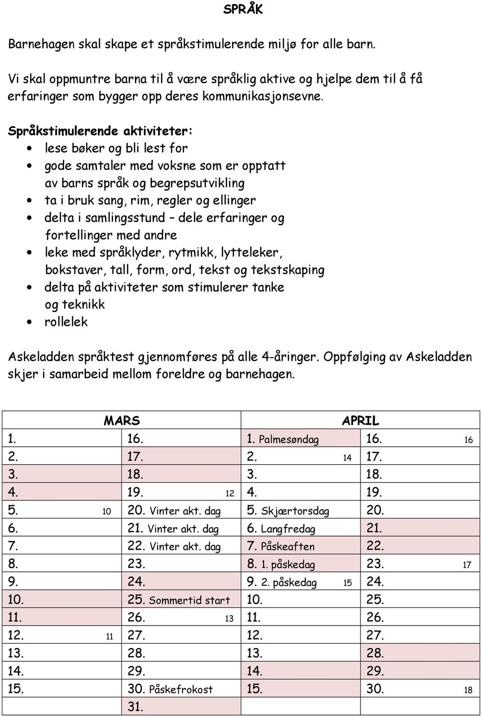 erfaringer og fortellinger med andre leke med språklyder, rytmikk, lytteleker, bokstaver, tall, form, ord, tekst og tekstskaping delta på aktiviteter som stimulerer tanke og teknikk rollelek