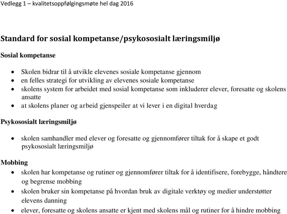 læringsmiljø skolen samhandler med elever og foresatte og gjennomfører tiltak for å skape et godt psykososialt læringsmiljø Mobbing skolen har kompetanse og rutiner og gjennomfører tiltak for å