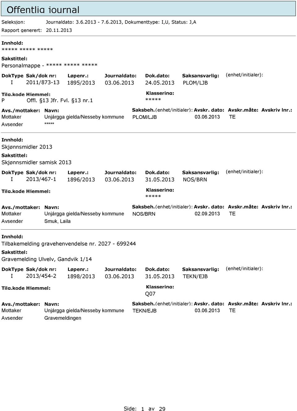 /mottaker: Navn: Saksbeh. Avskr. dato: Avskr.måte: Avskriv lnr.: Mottaker Unjárgga gielda/nesseby kommune NOS/BRN 02.09.2013 TE Avsender Smuk, Laila nnhold: Tilbakemelding gravehenvendelse nr.