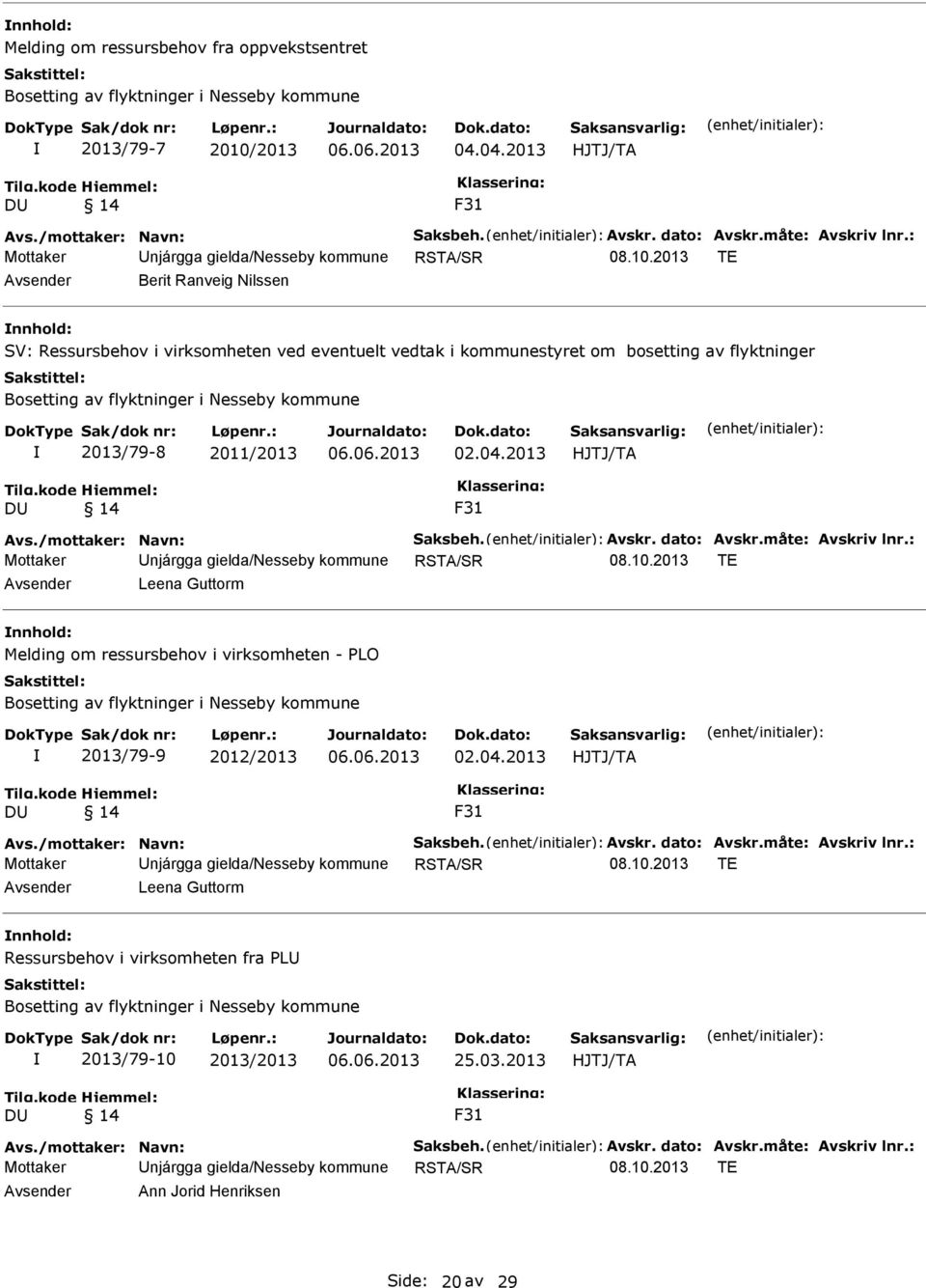 2013 TE Avsender Berit Ranveig Nilssen nnhold: SV: Ressursbehov i virksomheten ved eventuelt vedtak i kommunestyret om bosetting av flyktninger Bosetting av flyktninger i Nesseby kommune 2013/79-8