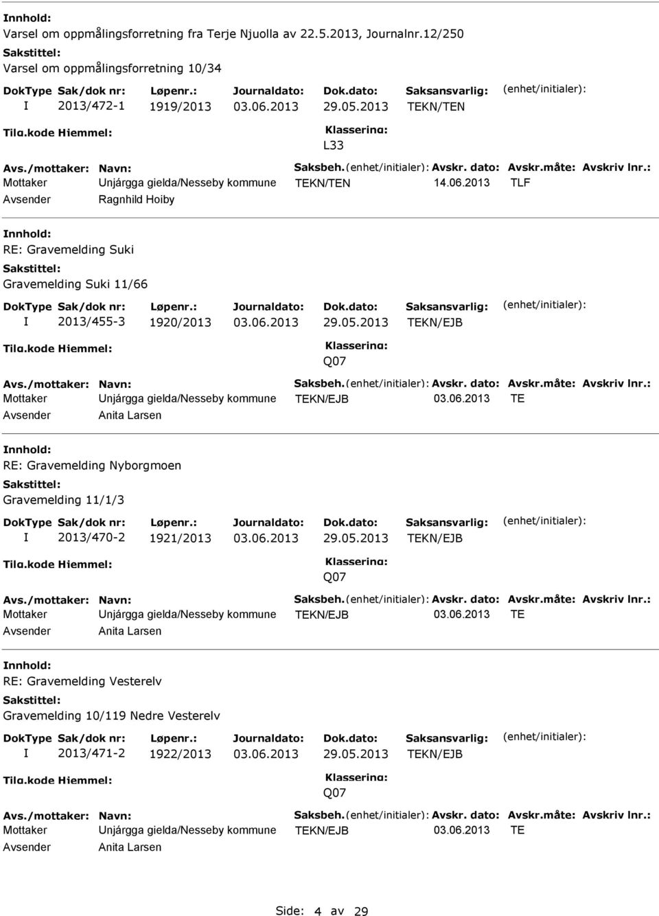 2013 TLF Avsender Ragnhild Hoiby nnhold: RE: Gravemelding Suki Gravemelding Suki 11/66 2013/455-3 1920/2013 29.05.2013 Avs./mottaker: Navn: Saksbeh. Avskr. dato: Avskr.måte: Avskriv lnr.