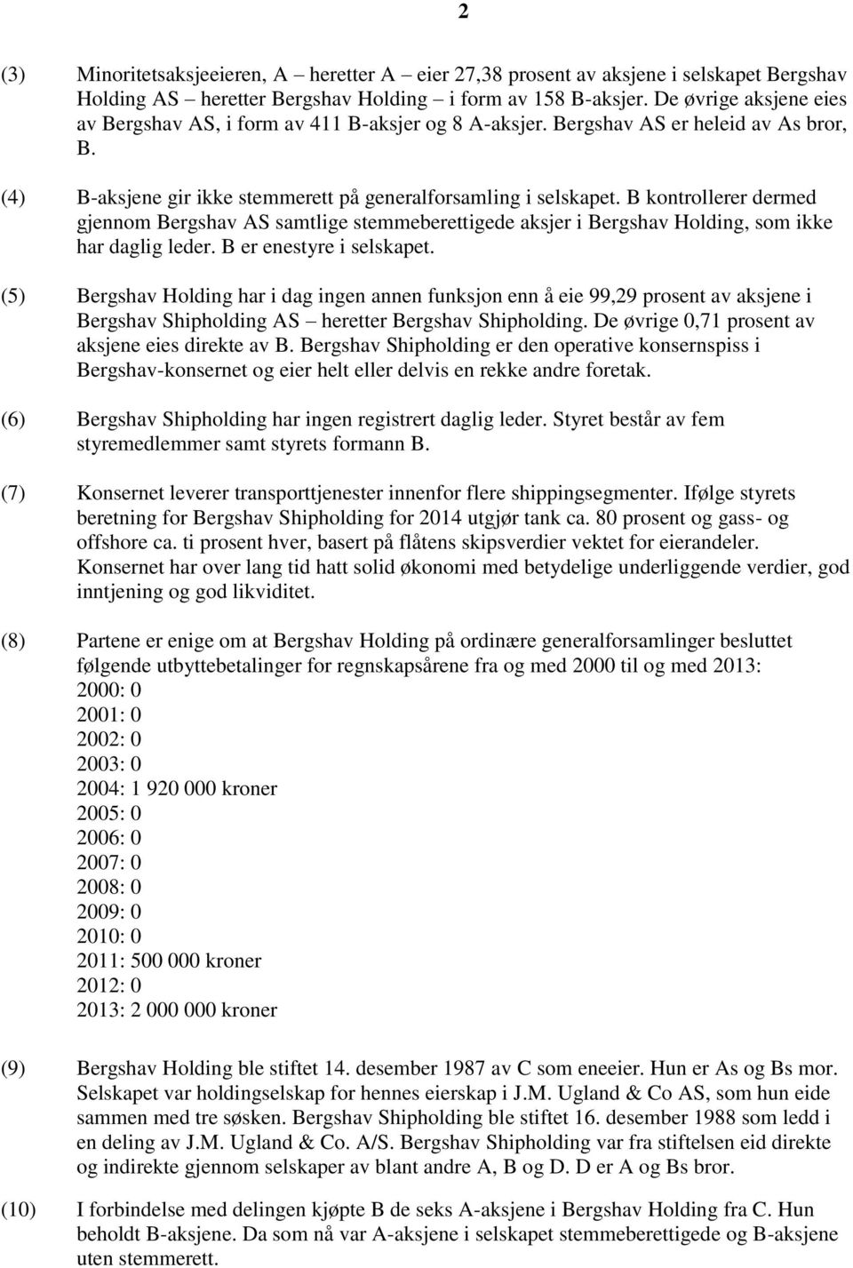 B kontrollerer dermed gjennom Bergshav AS samtlige stemmeberettigede aksjer i Bergshav Holding, som ikke har daglig leder. B er enestyre i selskapet.