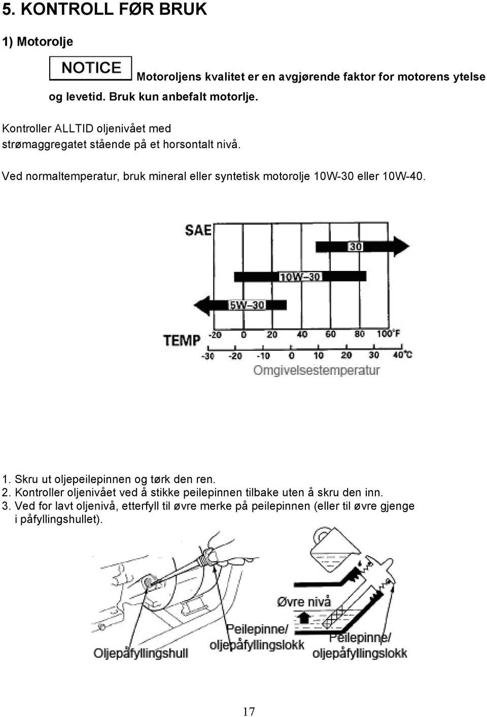 Ved normaltemperatur, bruk mineral eller syntetisk motorolje 10W-30 eller 10W-40. 1. Skru ut oljepeilepinnen og tørk den ren. 2.