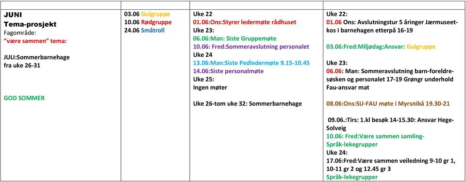 06 Ons: Avslutningstur 5 åringer Jærmuseetkos i barnehagen etterpå 16-19 03.06:Fred:Miljødag:Ansvar: Gulgruppe Uke 23: 06.