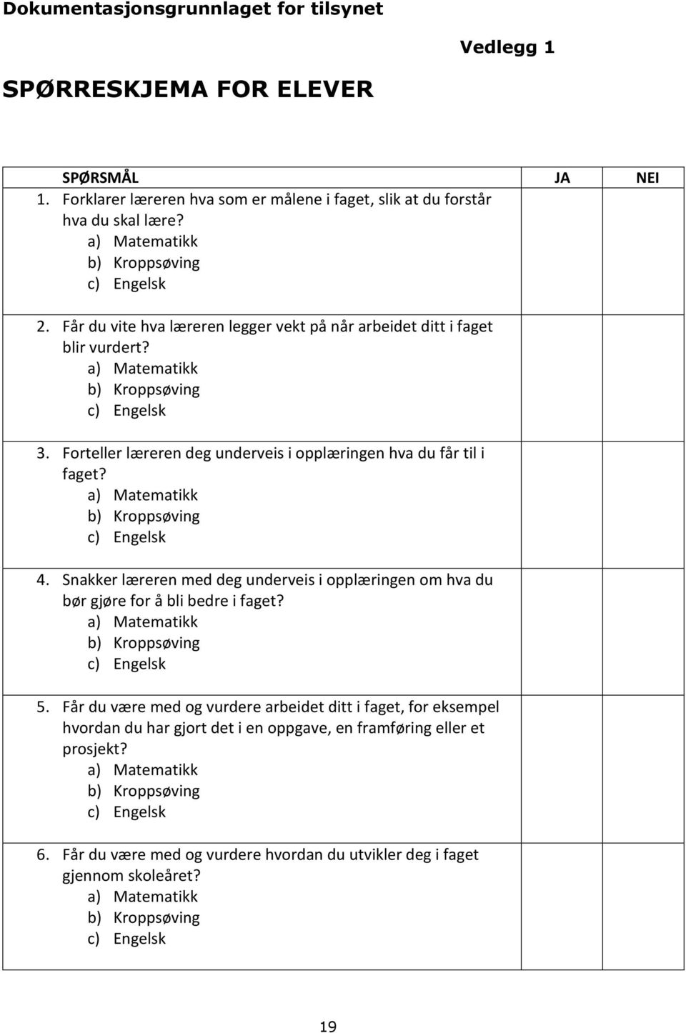 Forteller læreren deg underveis i opplæringen hva du får til i faget? a) Matematikk b) Kroppsøving c) Engelsk 4.