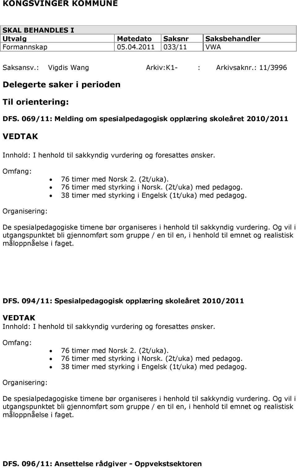 Omfang: Organisering: 76 timer med Norsk 2. (2t/uka). 76 timer med styrking i Norsk. (2t/uka) med pedagog. 38 timer med styrking i Engelsk (1t/uka) med pedagog.