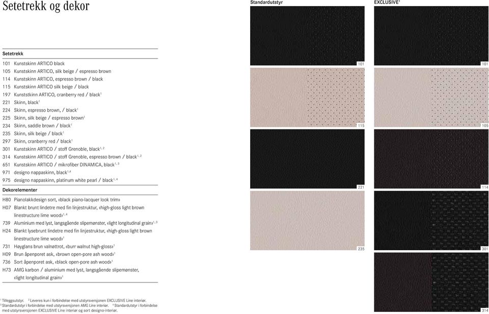 black 1 235 Skinn, silk beige / black 1 297 Skinn, cranberry red / black 1 301 Kunstskinn ARTICO / stoff Grenoble, black 1, 2 314 Kunstskinn ARTICO / stoff Grenoble, espresso brown / black 1, 2 651