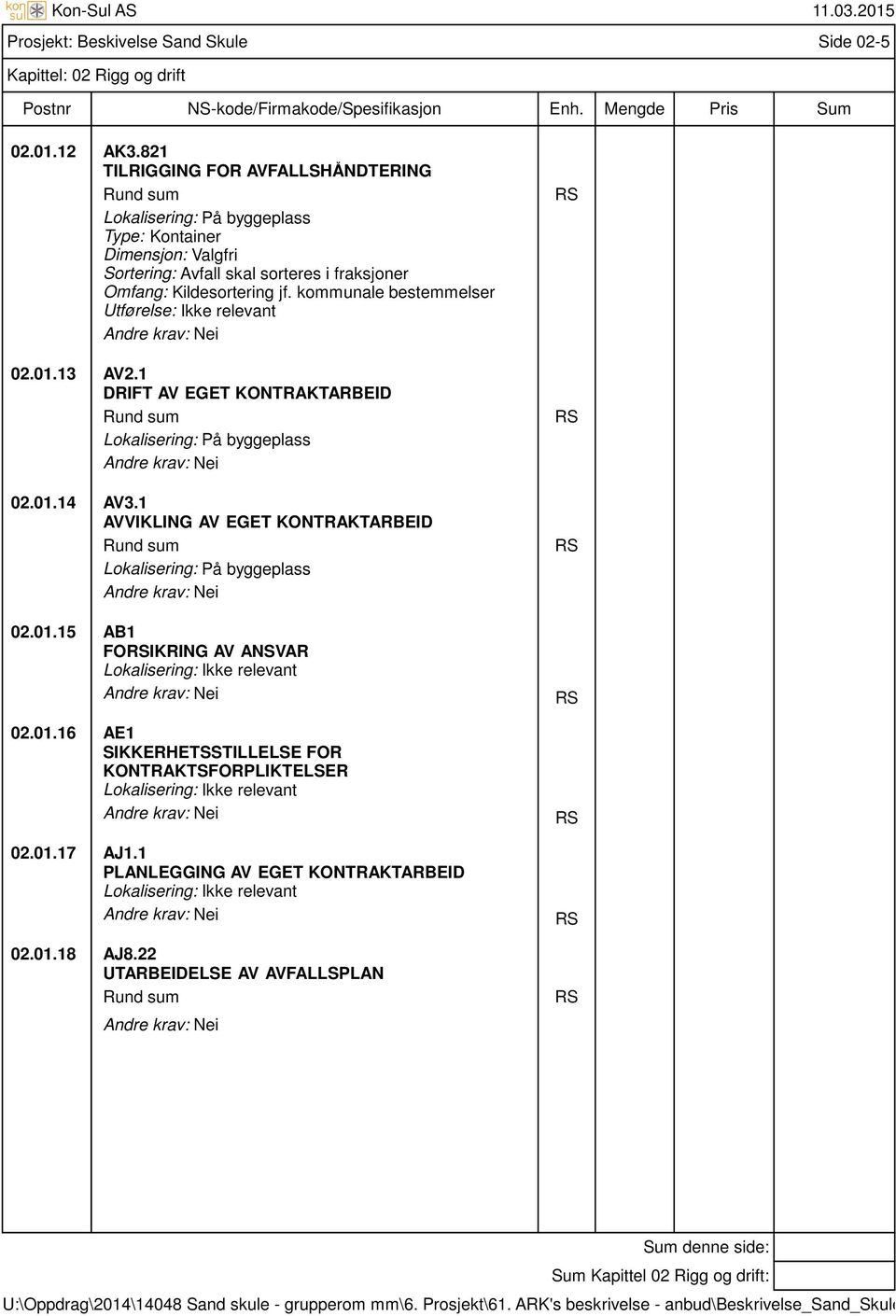 kommunale bestemmelser Utførelse: Ikke relevant 02.01.13 AV2.1 DRIFT AV EGET KONTRAKTARBEID Rund sum Lokalisering: På byggeplass 02.01.14 AV3.