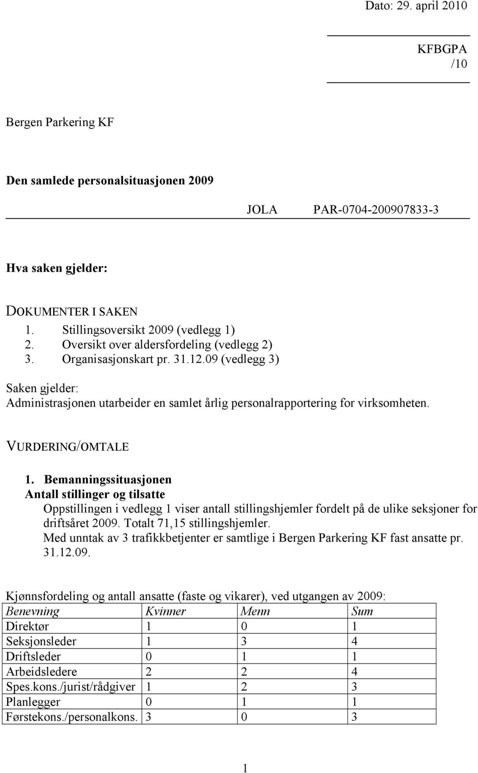 VURDERING/OMTALE 1. Bemanningssituasjonen Antall stillinger og tilsatte Oppstillingen i vedlegg 1 viser antall stillingshjemler fordelt på de ulike seksjoner for driftsåret 2009.